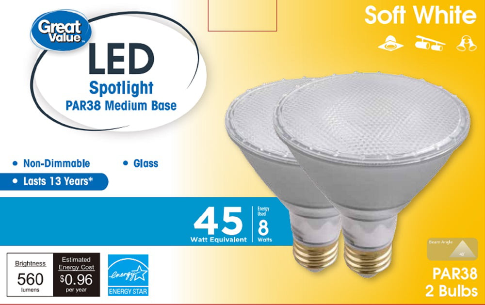 Great Value Glass LED 40°Flood Light 8W， Soft White， E26 base， 2PK