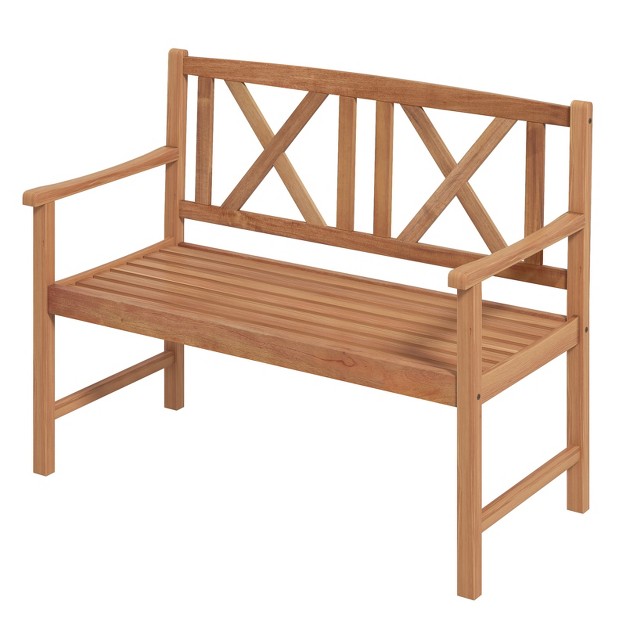 Tangkula 2 person Acacia Wood Bench Outdoor Slats Loveseat Chair With Armrest Backrest Sturdy Frame 800lbs Load Capacity