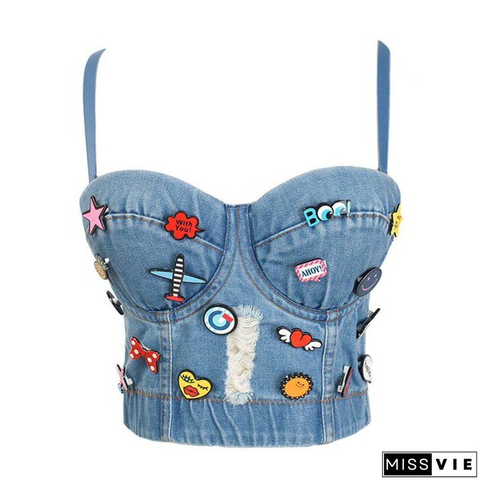 Denim Scratched Women's Spaghetti Strap Button Diamonds Ripped Push Up Bustier Night Club Party Crop Top New Corset Camise