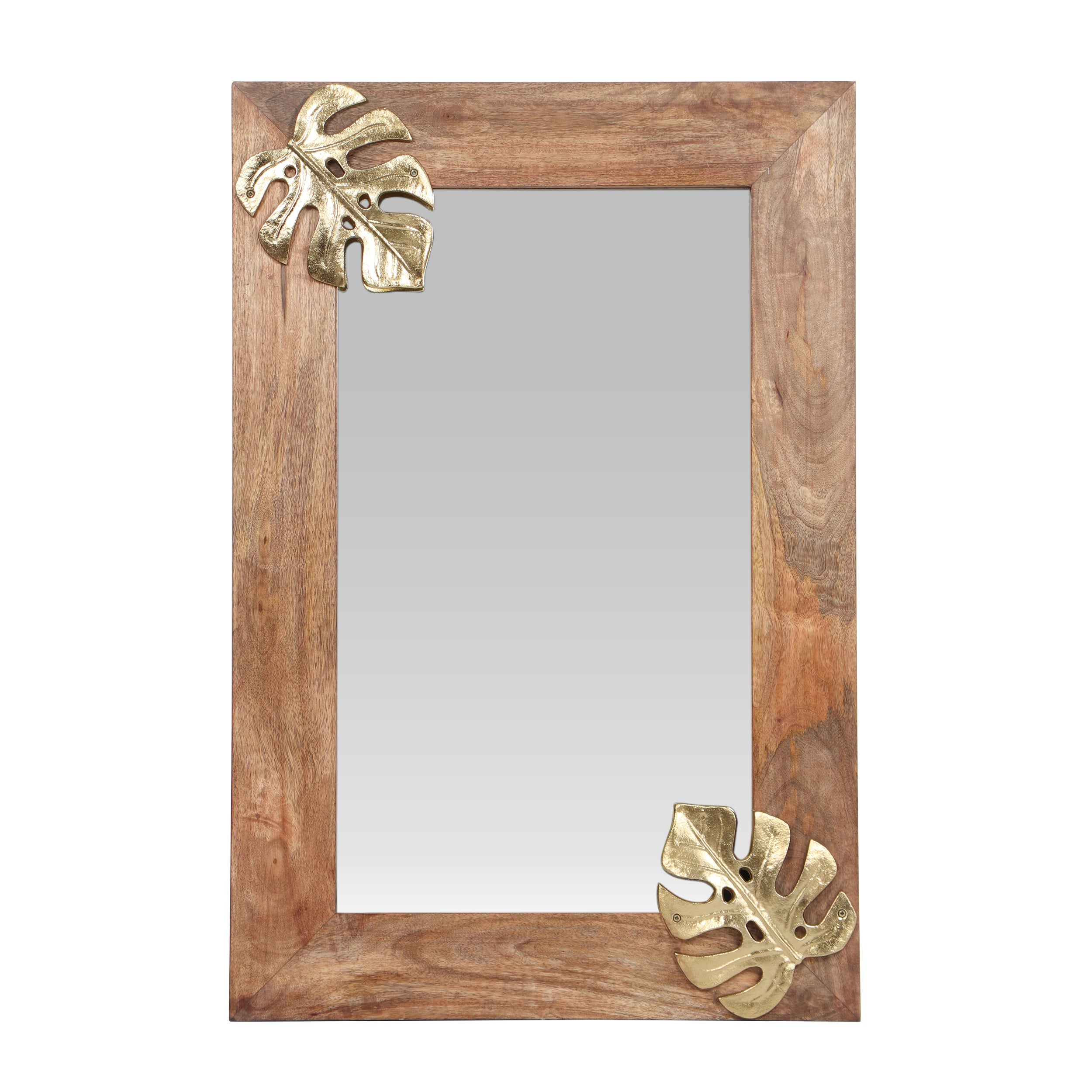 Greenler Boho Handcrafted Rectangular Mango Wood Wall Mirror, Natural and Antique Gold