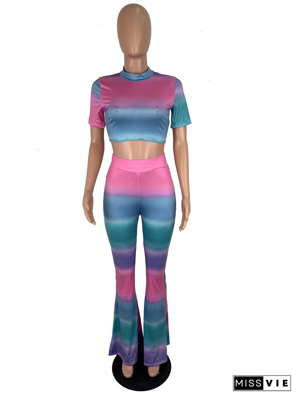 Gradient Tie Dye Print Crop Tops Flare Pants Two Piece Set