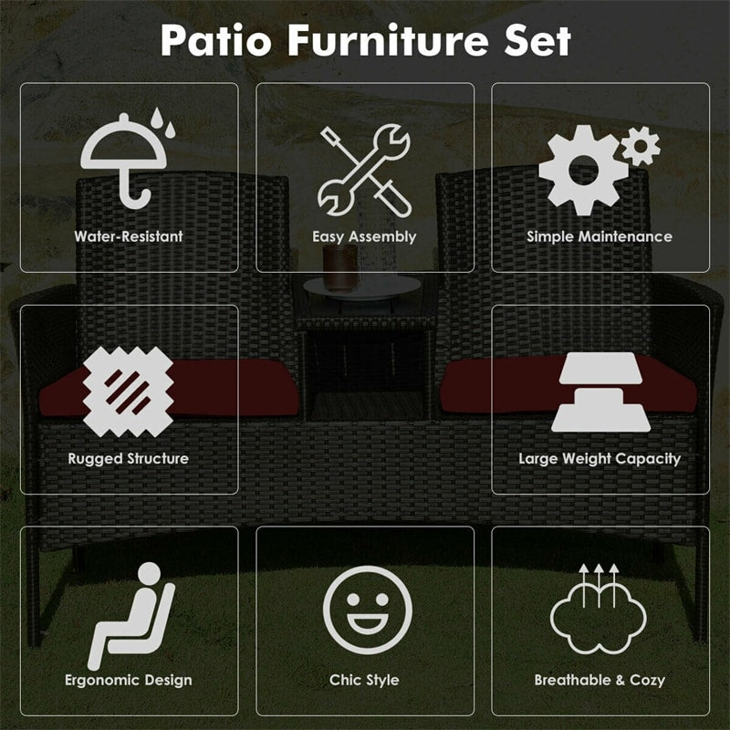 Rattan Outdoor Loveseat Bistro Set with Built-in Coffee Table & Cushions, Wicker Patio Conversation Set