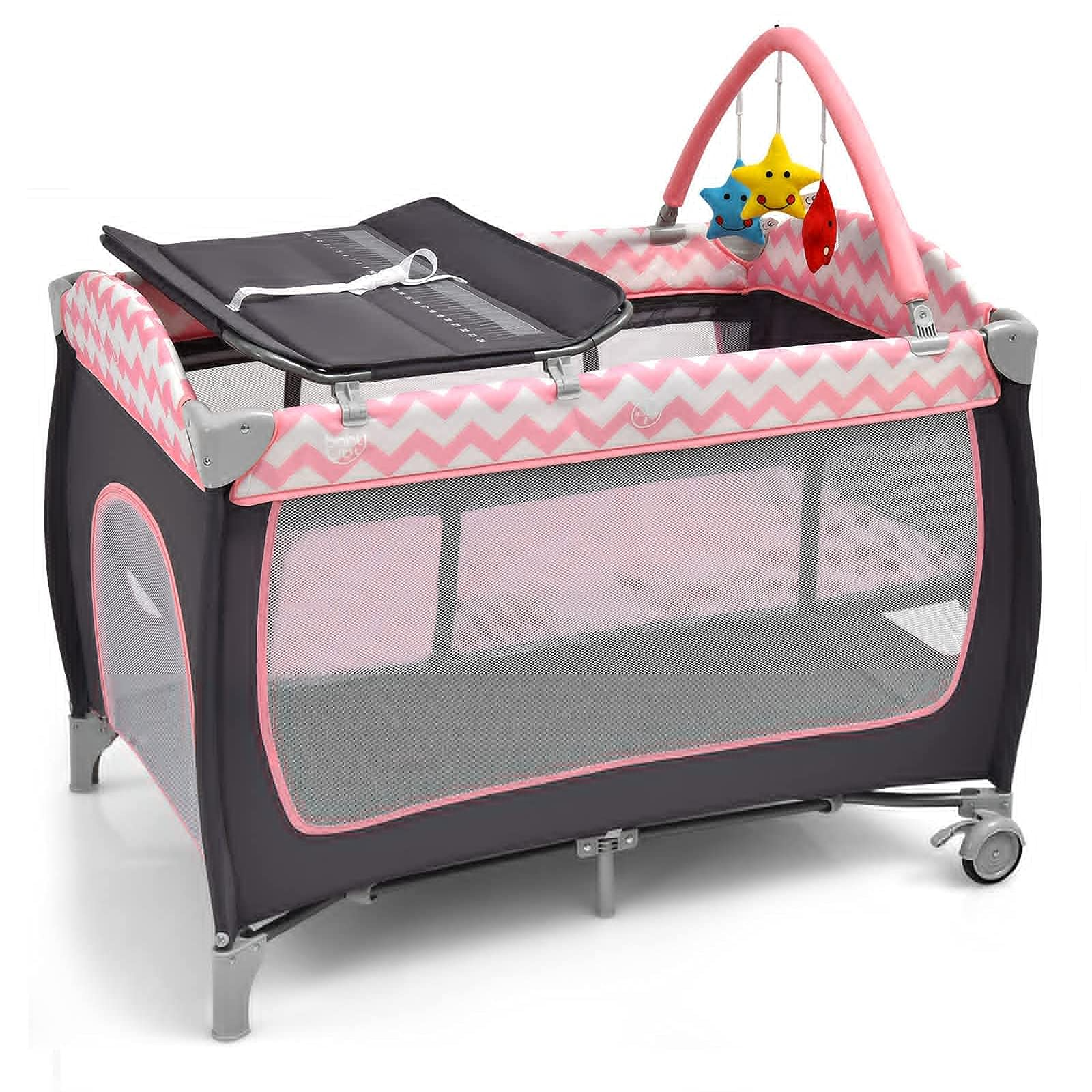 BABY JOY 4 in 1 Pack and Play, Portable Baby Playard with Bassinet Bed, Side Zipper Door