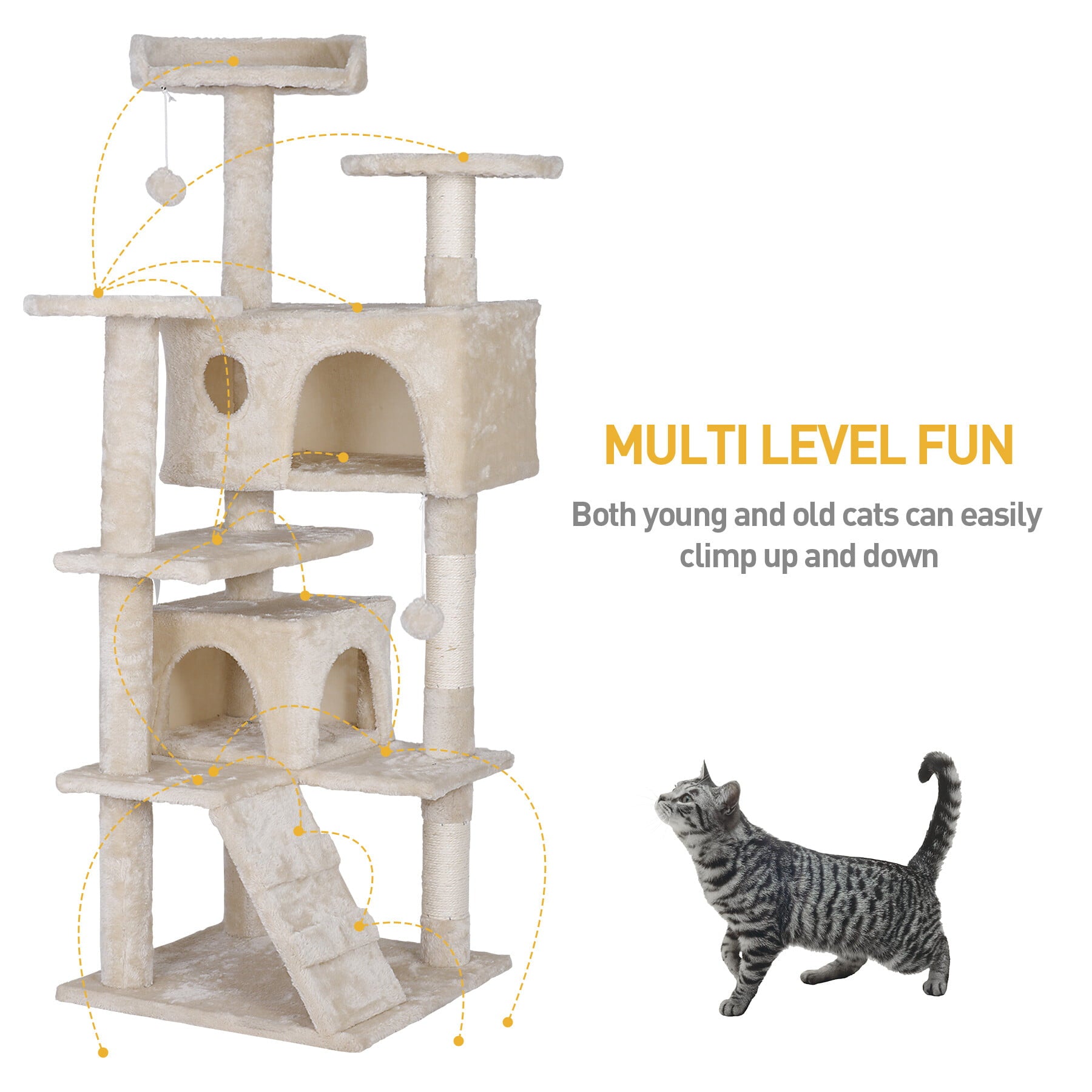 ZENSTYLE 55-in Cat Tree and Condo Scratching Post Tower， Beige