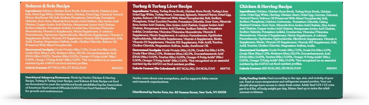 Made by Nacho Chicken， Herring， Salmon and Turkey Variety Pack Minced Wet Cat Food， 5.5-oz can， case of 12