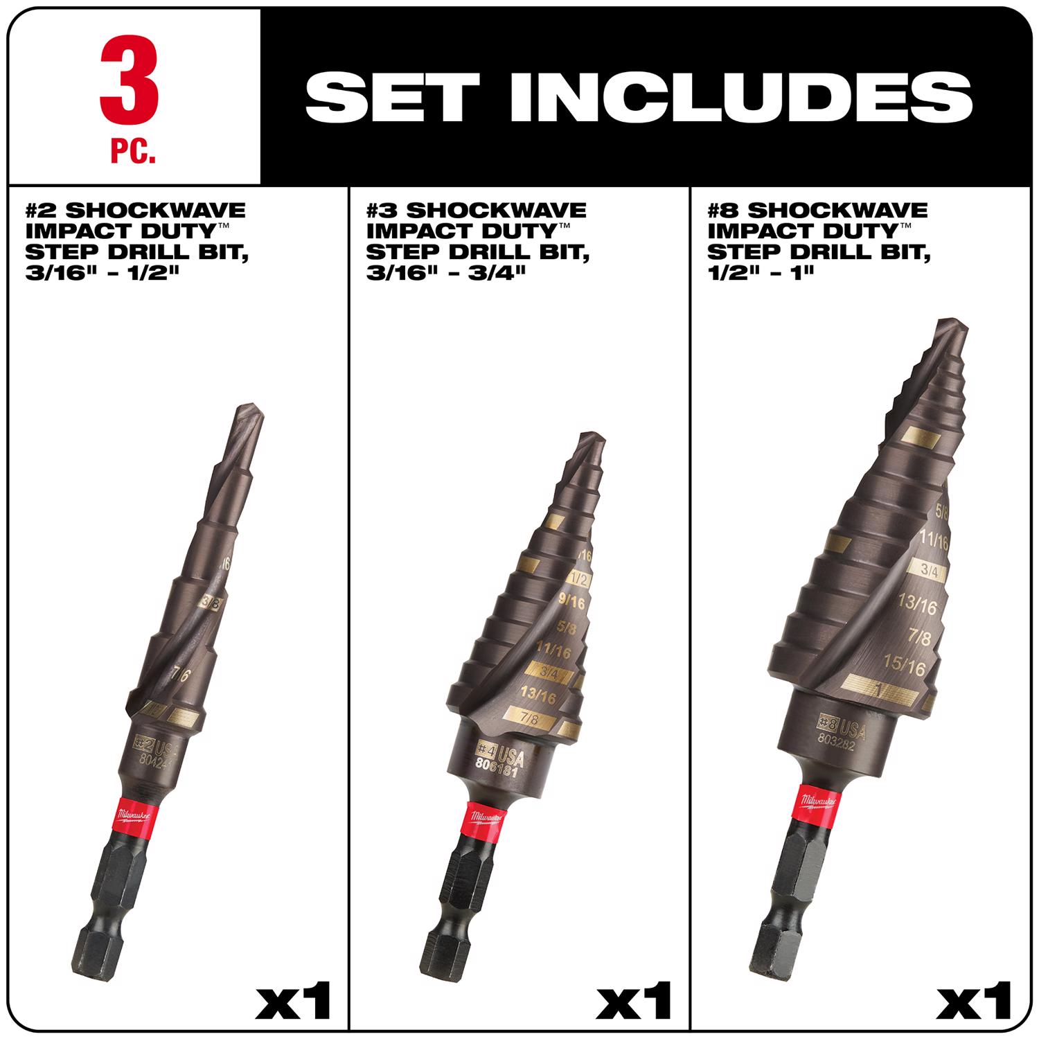 MW Shockwave 3/16 to 1 in. High Speed Steel Impact Step Bit Set 3 pc