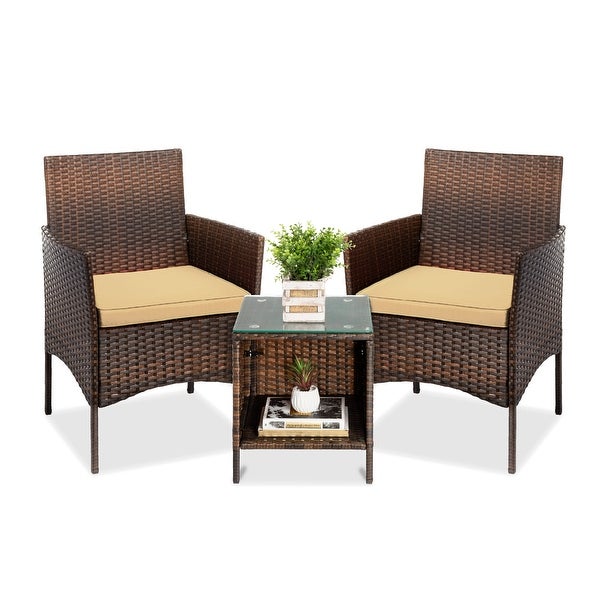 3-Piece Outdoor Wicker Conversation Bistro Set， Patio Chat Furniture w/ 2 Chairs， Table - Brown/Red - Overstock - 37181379