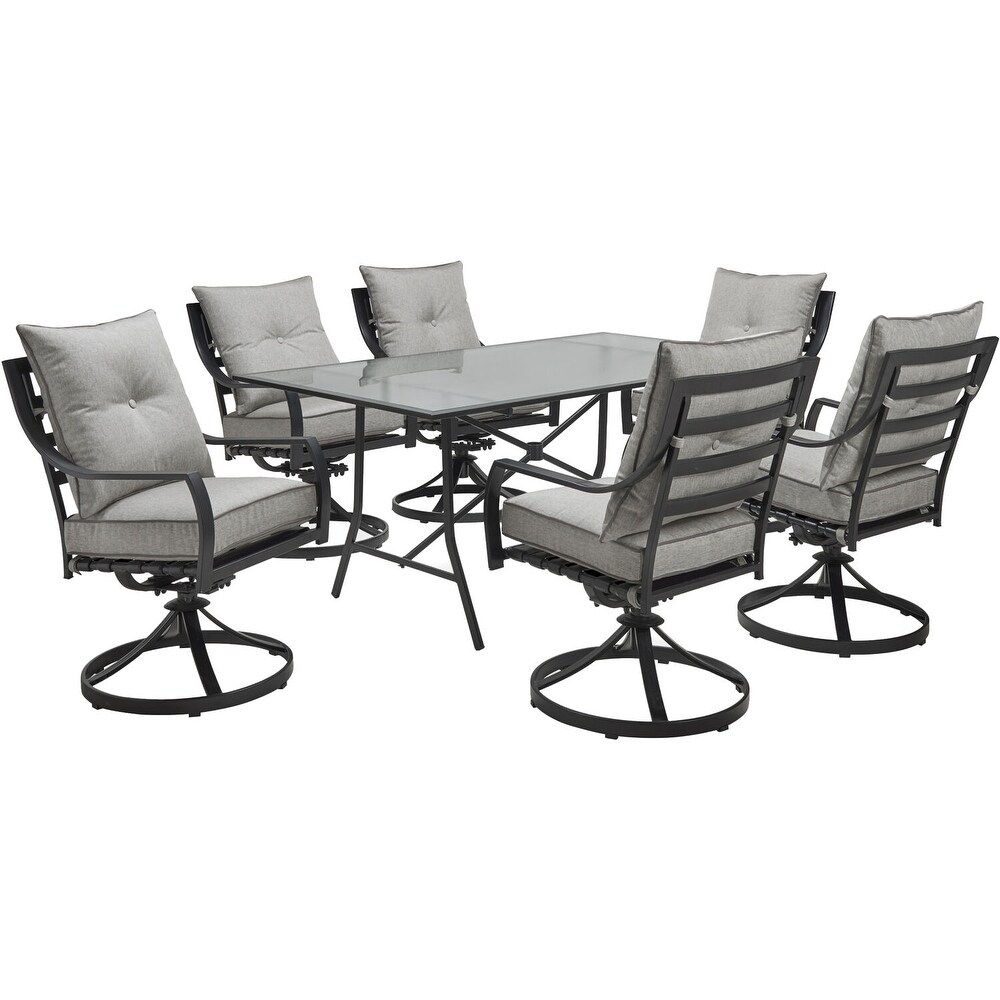 Hanover Lavallette 7 Piece Dining Set in Silver Linings with 6 Swivel Rockers and a 66\