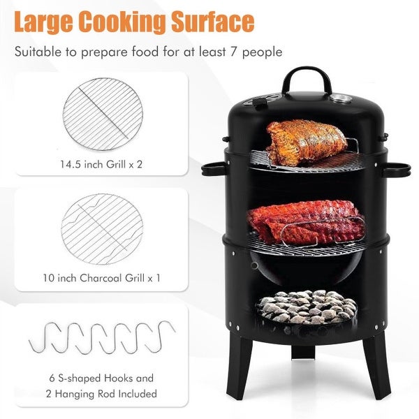 3-in-1 Charcoal BBQ Grill Cambo with Built-in Thermometer - 20.5