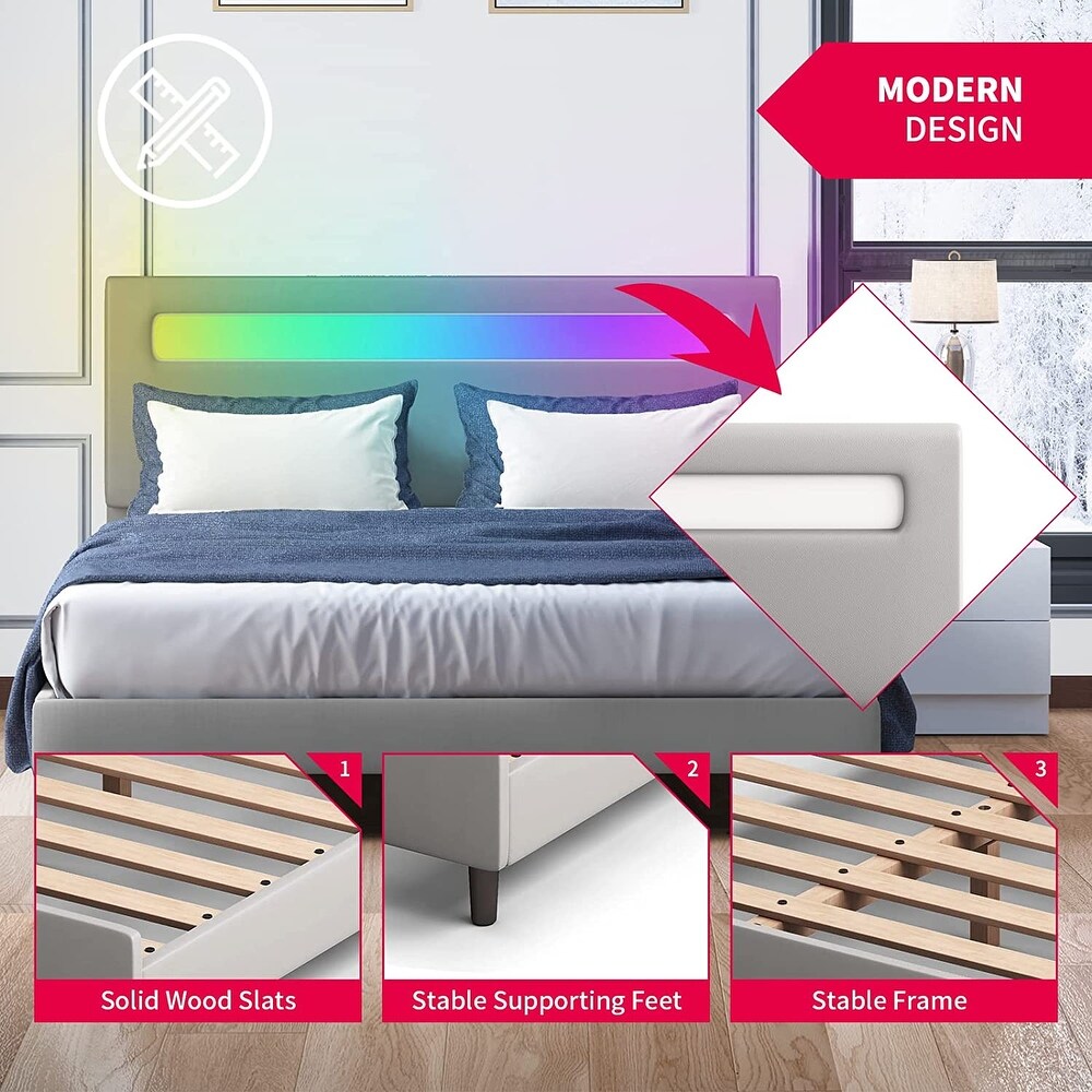 Mixoy Platform Bed Frame with Smart RGB LED Light Strip Bed Frame with Adjustable Headboard  Compatible with Alexa   App