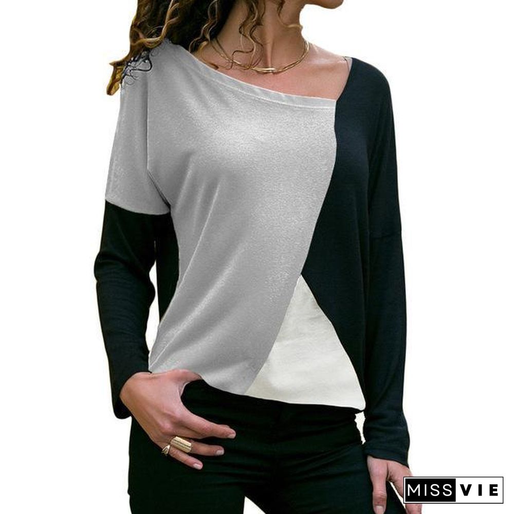 Women Long Sleeve T-Shirt Patchwork Color Block Shirt Pullover Cotton Casual Tops