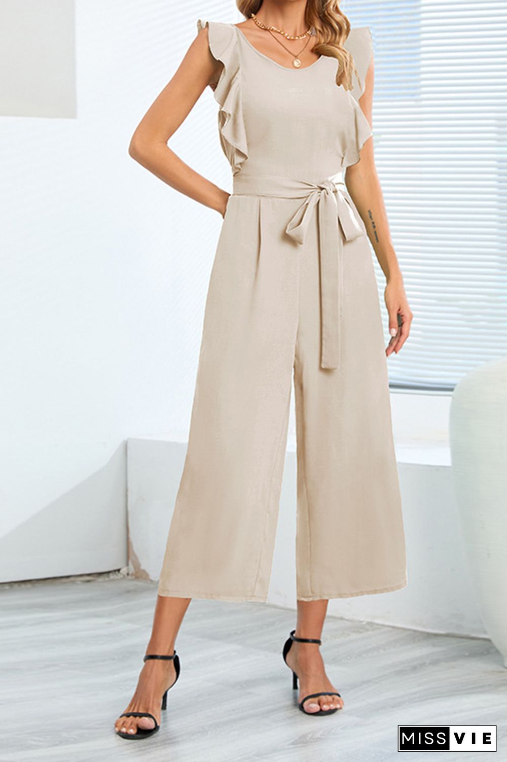 Plain Flutter Sleeveless Wide Leg Jumpsuit