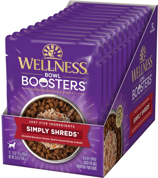 Wellness Bowl Boosters Simply Shreds Chicken， Beef and Carrots Natural Grain Free Wet Dog Food Mixer or Topper， 2.8-oz pouch， case of 12