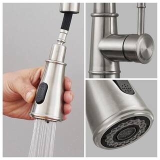 Satico Single-Handle Single-Hole 2-Spray Goose Neck Deck Mount 360-Degree Swivel Pull-Out Kitchen Faucet in Brushed Nickel SCKFDR003