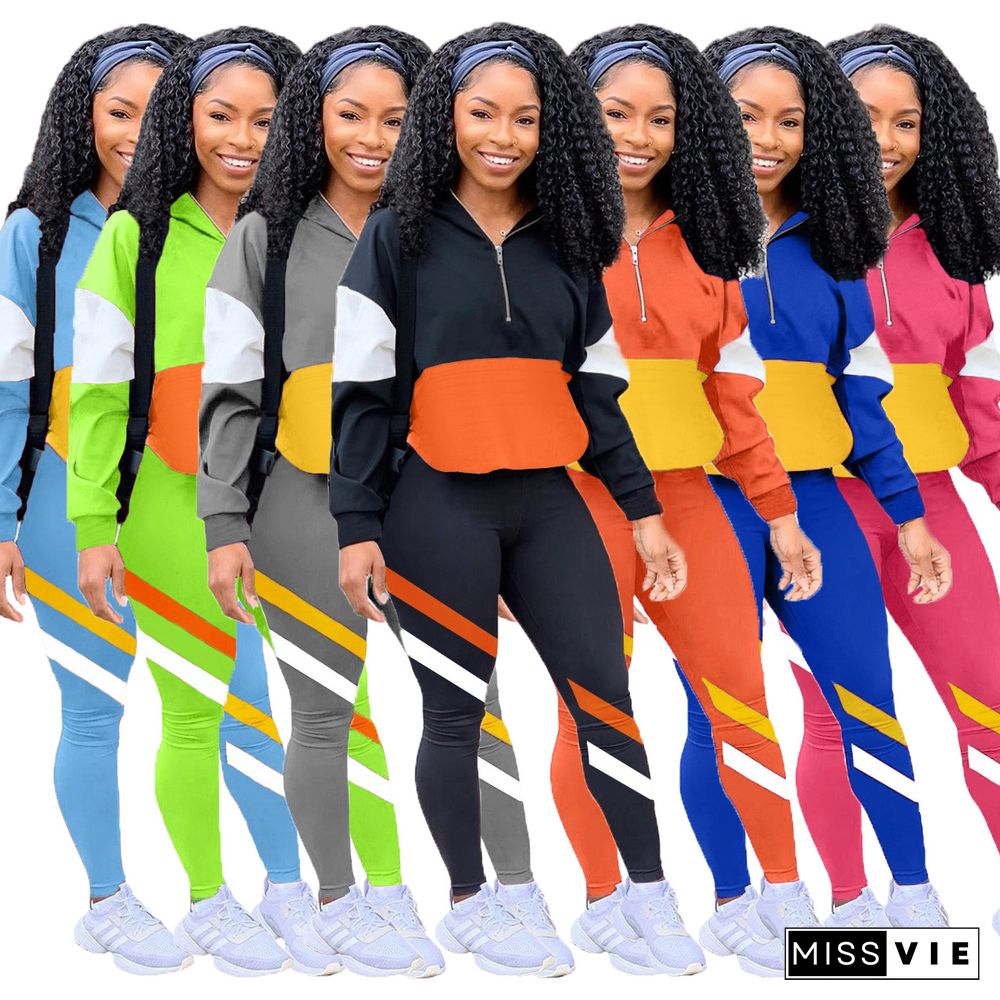 Fashion Color Spliced Hoodie Sport Pants Two-piece Set