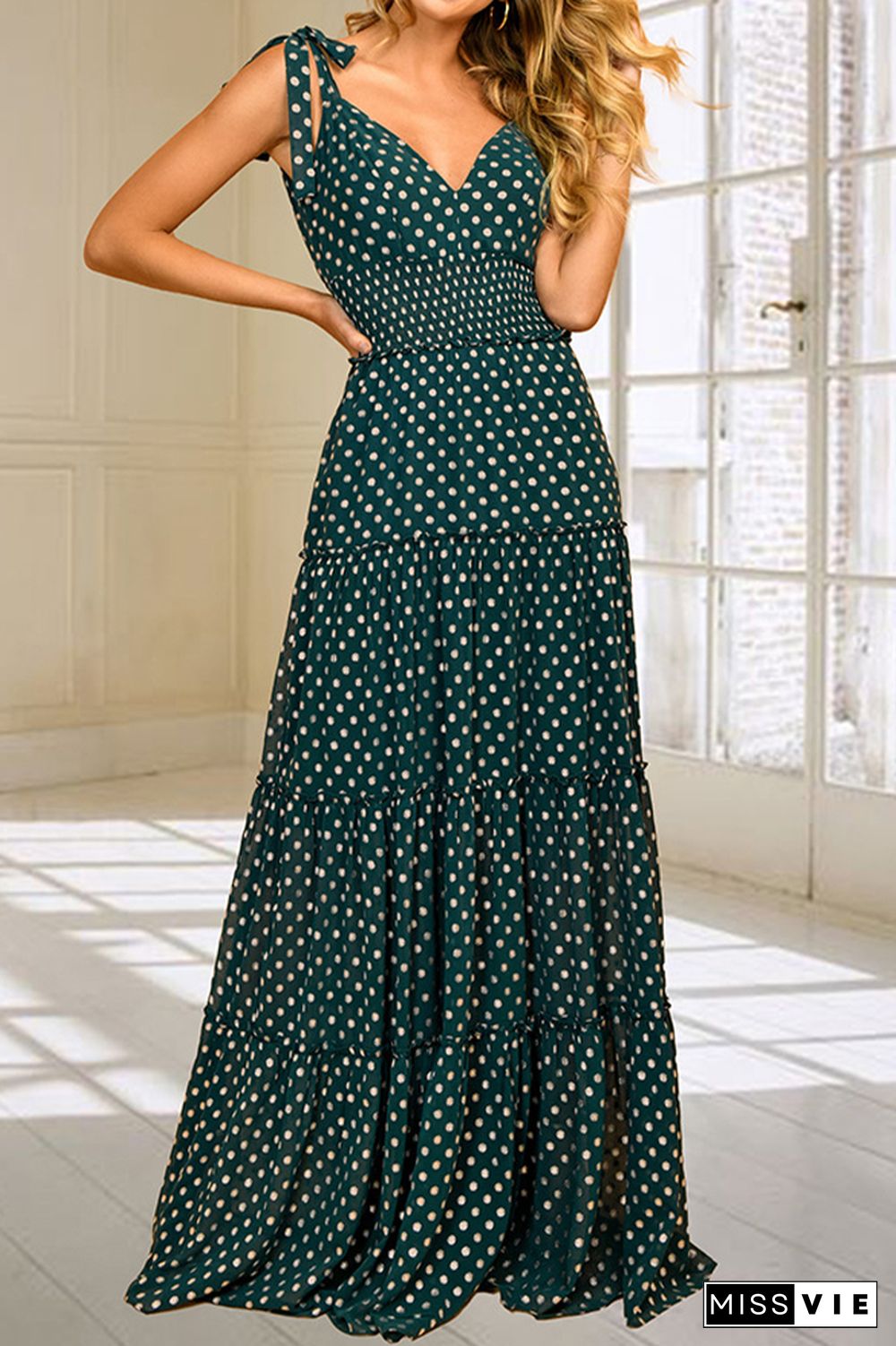 Polka Dot V Neck Sleeveless Long Dress Wholesale