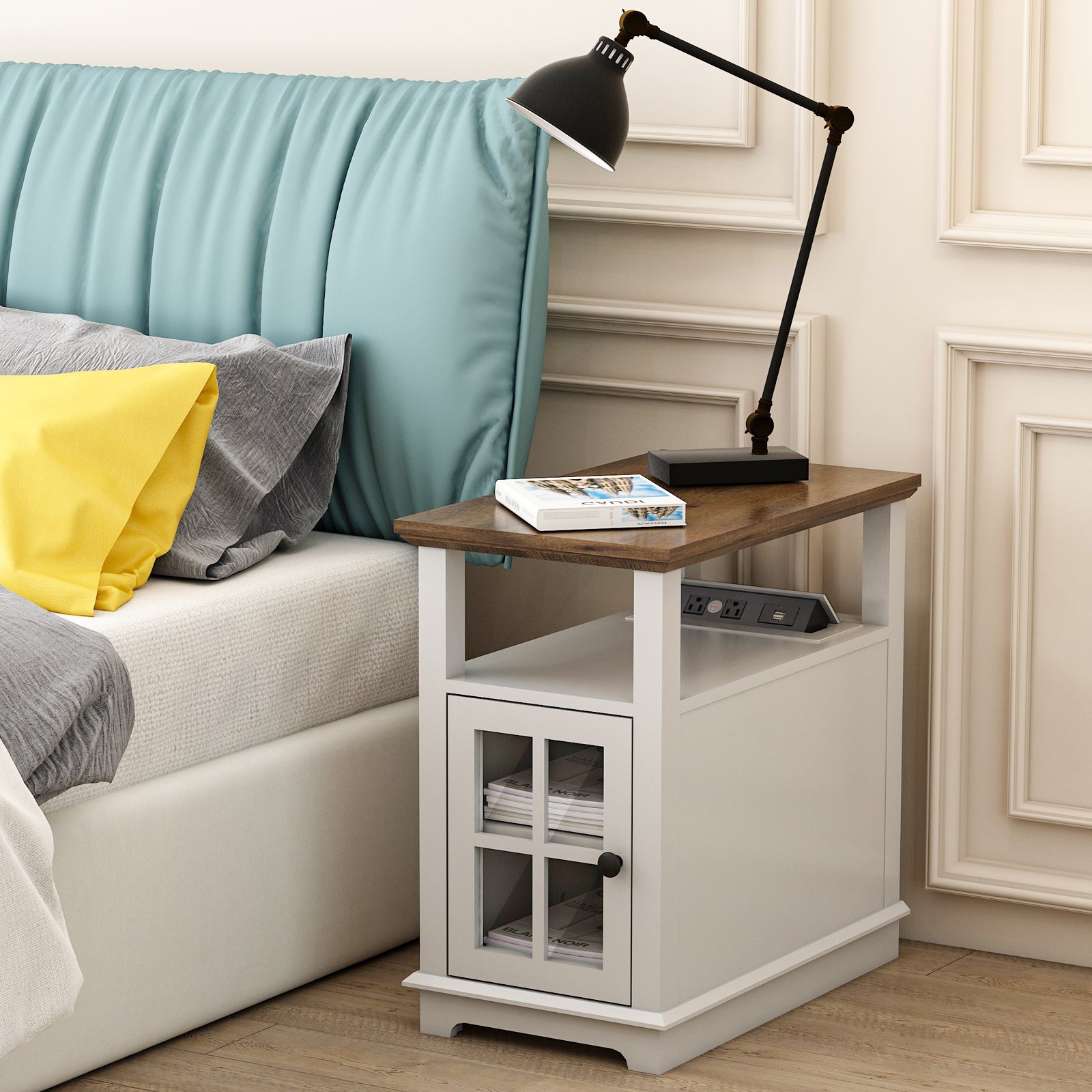 FAGAGA Accent End Side Table with Charging Station and Storage,Rectangle Nightstands with Built-in Outlets for Living Room,Bedroom,White