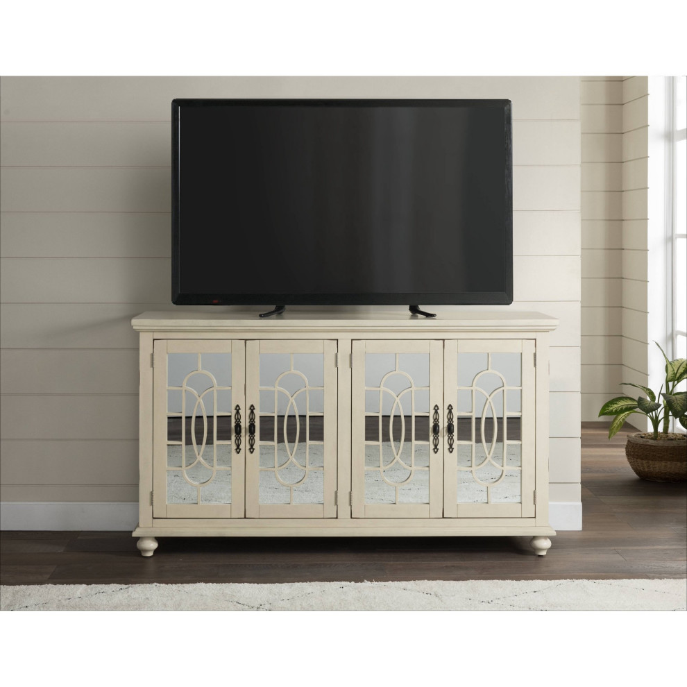 Traditional TV Stand  Wooden Legs With Glass Doors and Adjustable Shelves  White   Traditional   Entertainment Centers And Tv Stands   by Declusia  Houzz