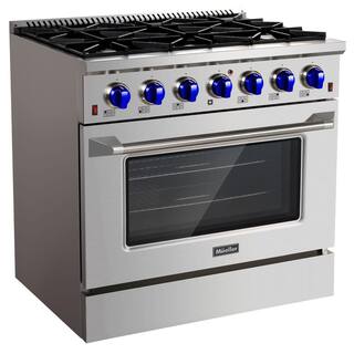 MUELLER 36 in. 5.2 cu. ft. Freestanding Gas Range with 6 Burners and Convection Oven in Stainless Steel with Blue Knobs GR-600B