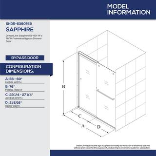 DreamLine Sapphire 56 in. to 60 in. W x 76 in. H Semi-Frameless Bypass Shower Door in Brushed Nickel SHDR-6360762-04