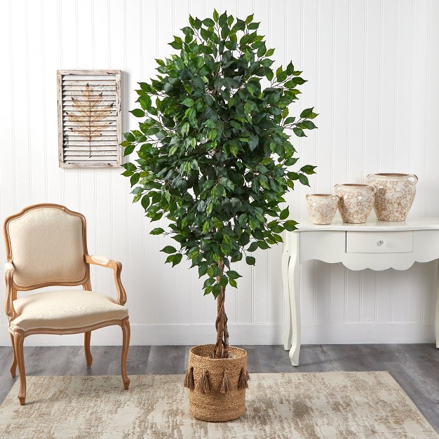 Nearly Natural 6-ft Ficus Artificial Tree With Natural Trunk In Handmade Natural Jute Planter With Tassels