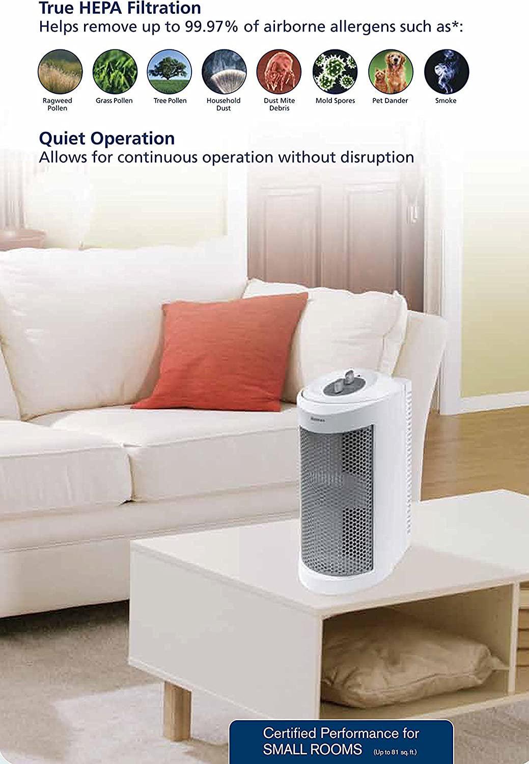 Holmes True HEPA Allergen Remover Mini Tower Air Purifier with Optional Ionizer for Small Spaces， White (HAP706-NU-1)