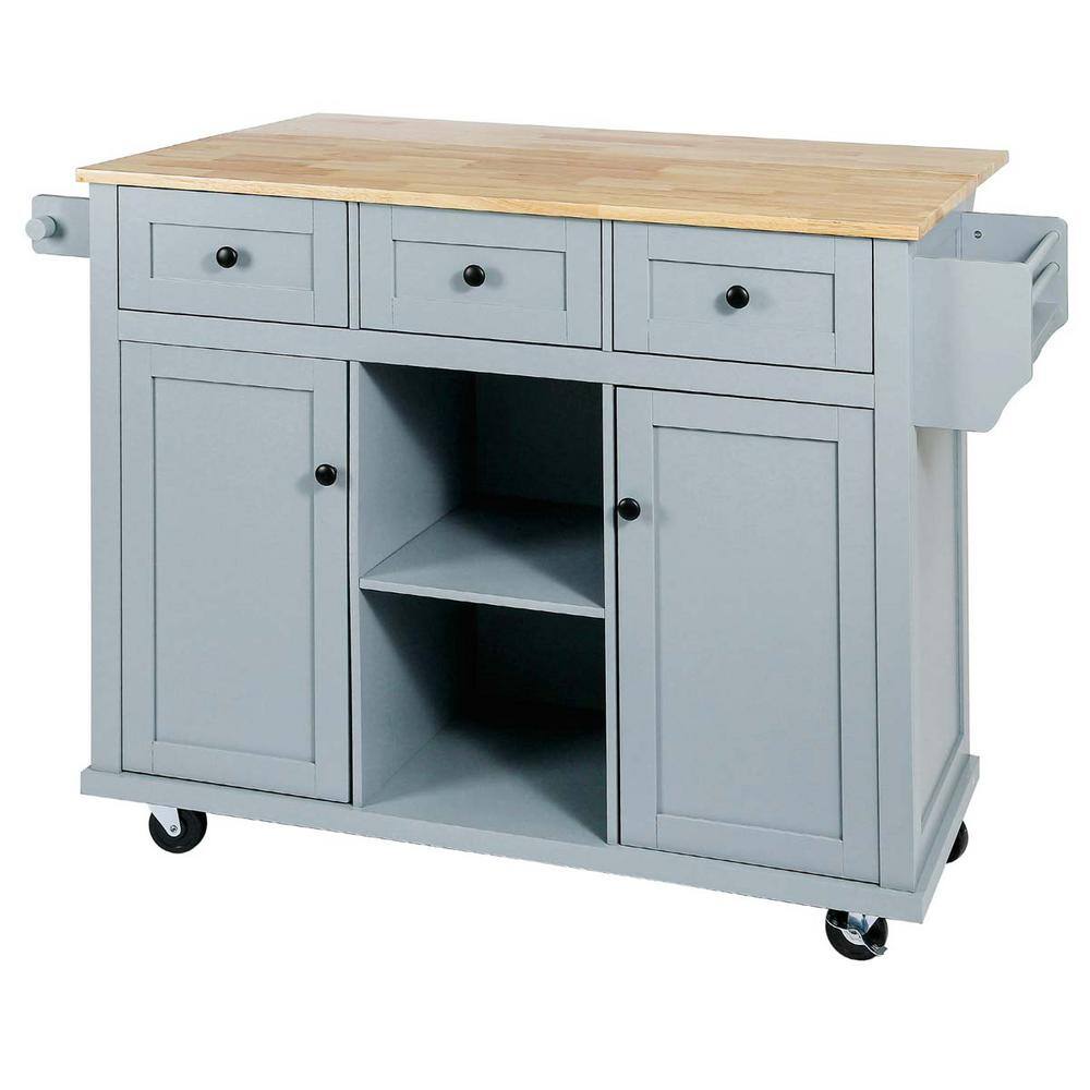 Blue Wood 53 in. W Kitchen Island Cart with Drop Leaf 2-Storage Cabinet 3-Drawers and Storage Rack LN0207MI-CART-2