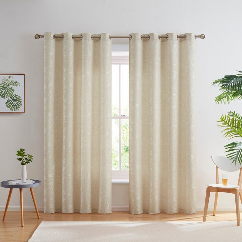 THD Zoe Burlap Flax Linen Floral Jacquard Window Grommet Long Thick Curtains Drapery Panels， Set