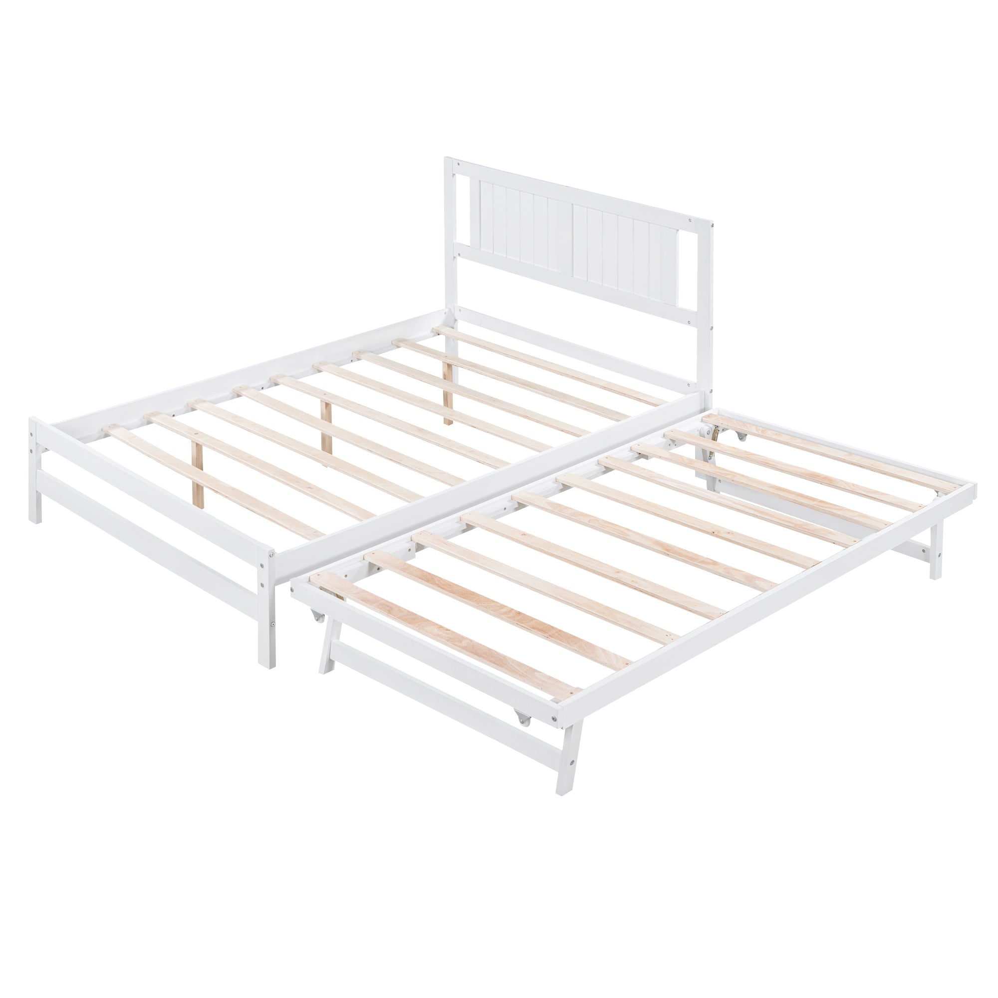 Platform Bed with Trundle Frame Set, Wooden Bed Frame with Headboard for Bedroom for Kids, White