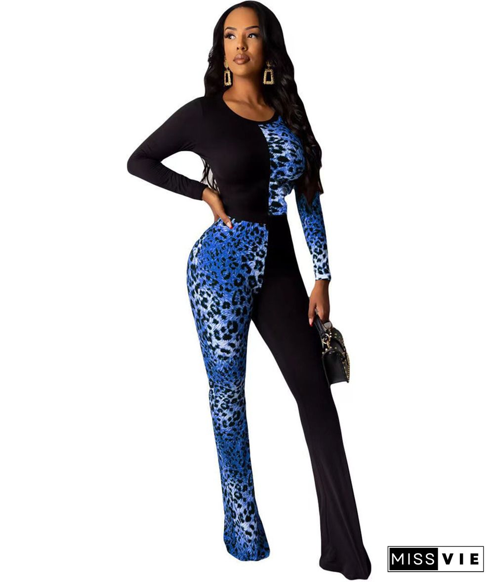 Leopard Print Long Sleeve One Piece Jumpsuit