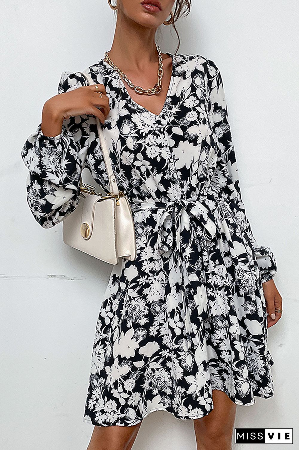 Black V Neck Waistband Floral Dress