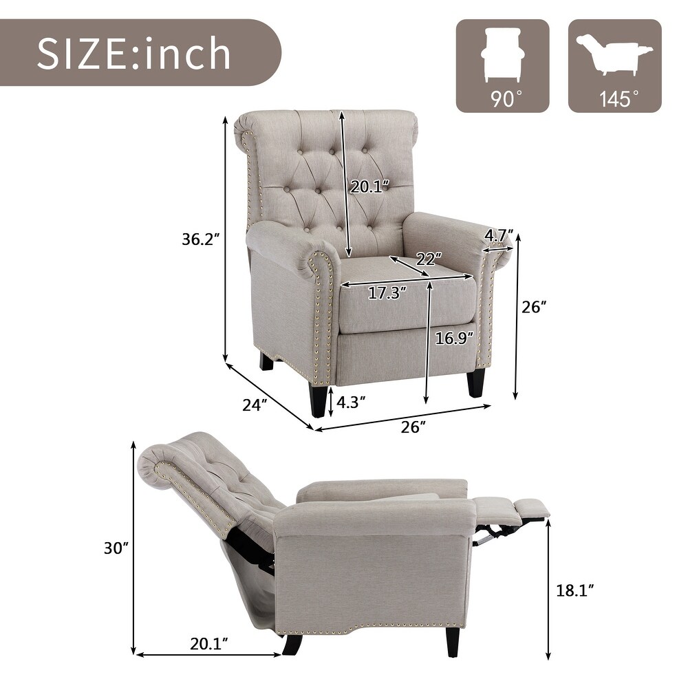 Pushback Linen Tufted Recliner Single Sofa with Nailheads Roll Arm  Adjustable Recliner for Living Room  Bedroom  Office