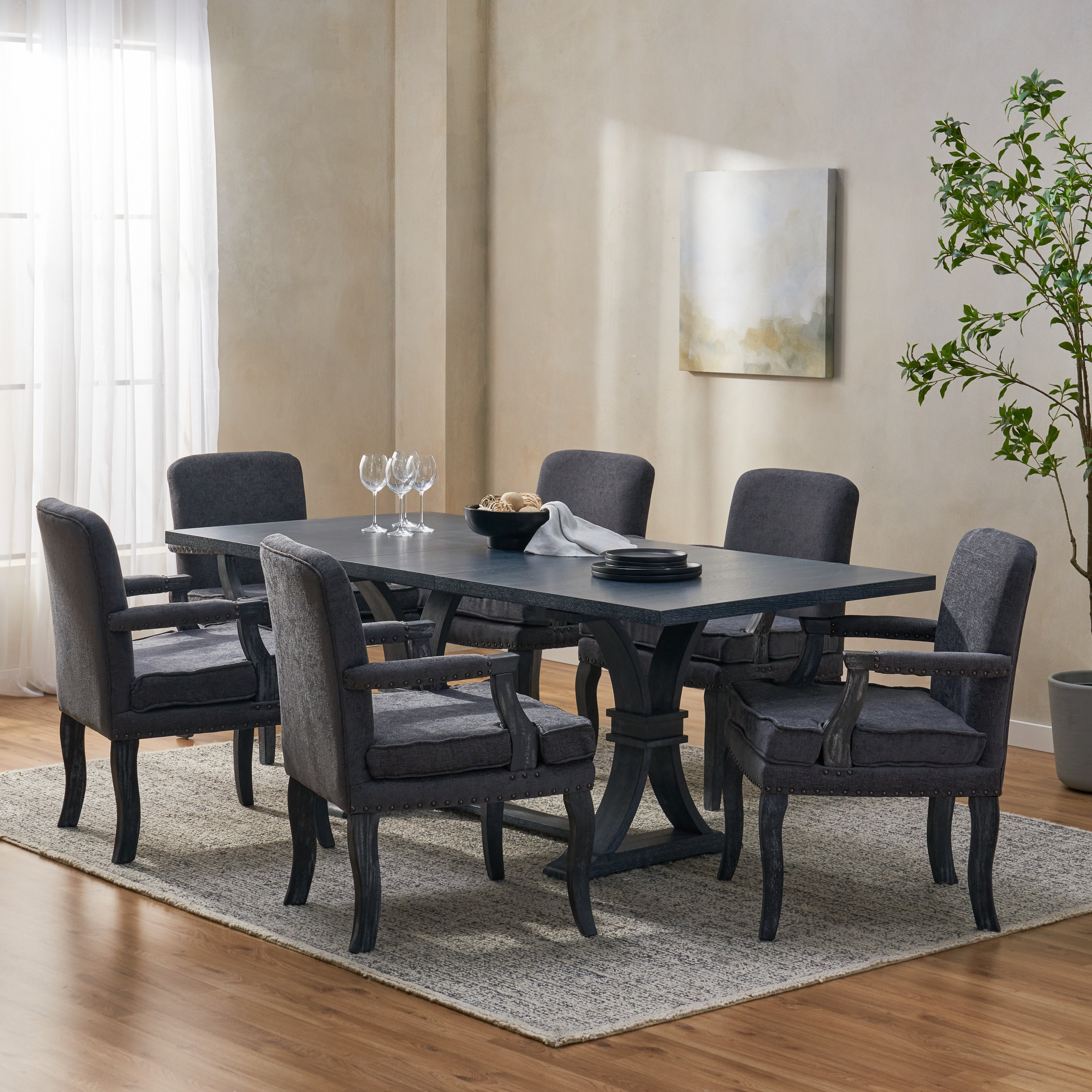 Combes French Country Fabric Upholstered Wood and Cane 7 Piece Expandable Dining Set