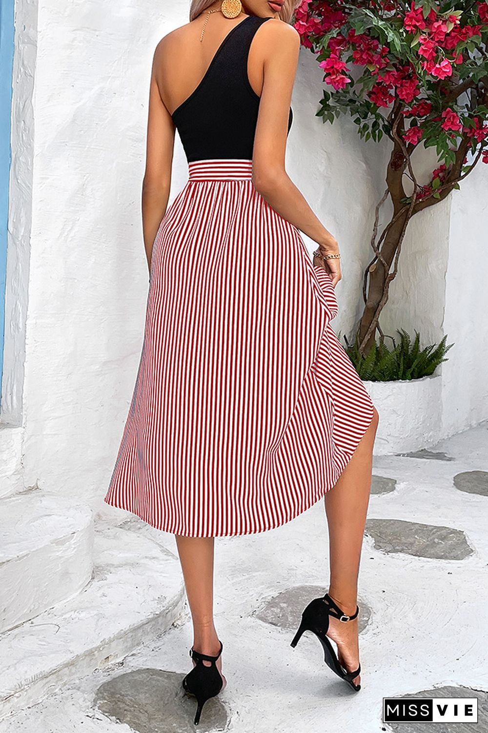 One Shoulder Striped Split Midi Dress