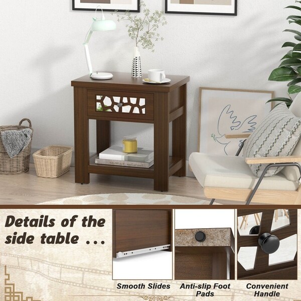 Wood Retro End Table with Mirrored Glass Drawer and Open Storage Shelf-Brown - 23.5