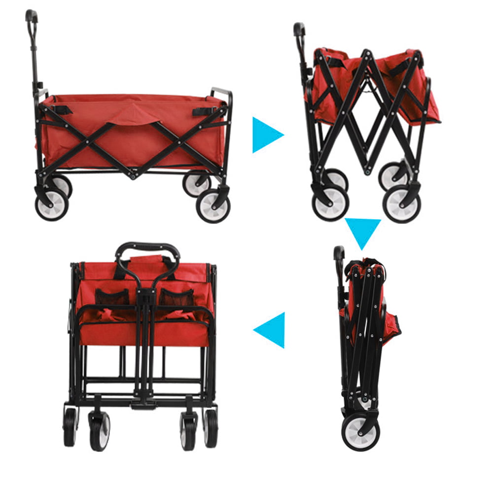 Outdoor Folding Camping Cart,  Collapsible Wagon with Universal 360° All-Terrain Wheels for Picnic and Beach Camping, Red, 30.3"L x19.2"W x29.5"H