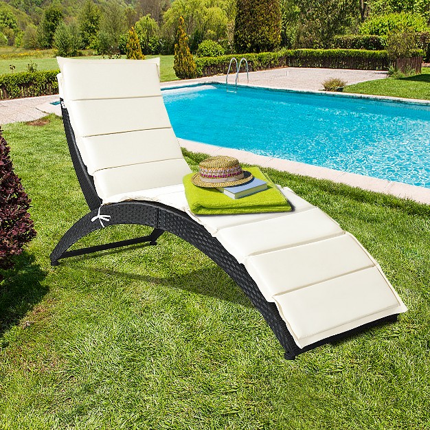 Costway Folding Patio Rattan Lounge Chair Chaise Cushioned Portable Garden Lawn Black