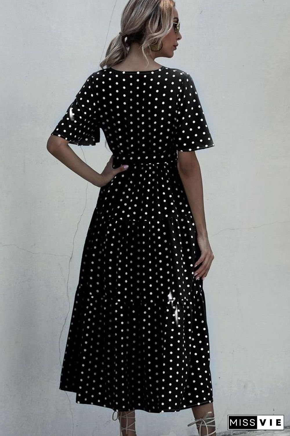 Short Sleeve Dots Print V Neck Maxi Dress