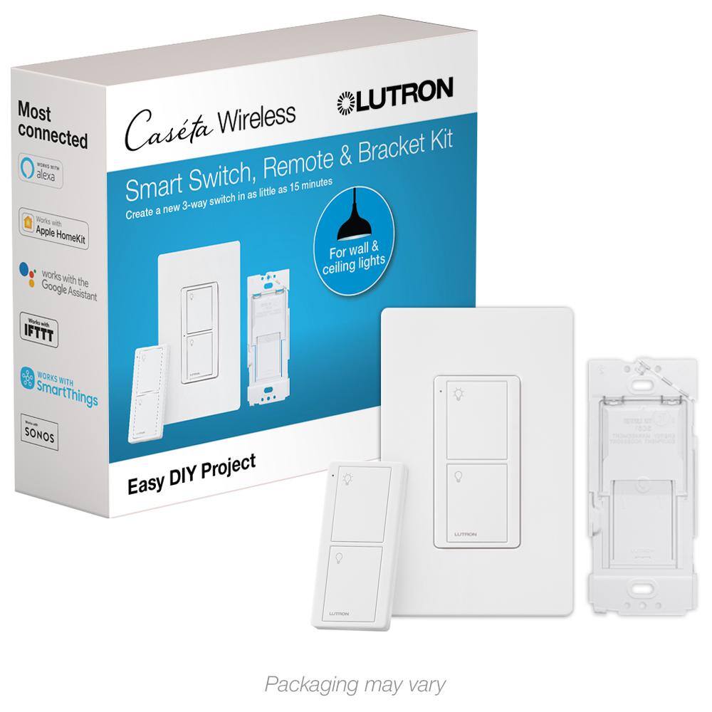 Lutron Caseta Smart Switch 3 Way Kit with RemoteBracket for All Bulbs or Fans 5ANeutral Wire Required White (P-PKG1WS-WH) P-PKG1WS-WH