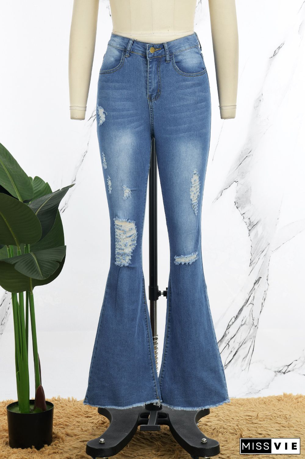 Fashion Casual Solid Ripped High Waist Regular Denim Jeans