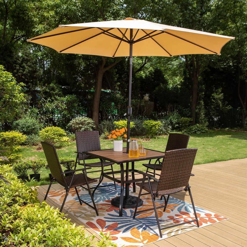 PHI VILLA 3/5 Piece Patio Rattan Folding Dining Set with 9ft Umbrella