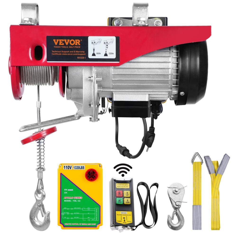 VEVOR 1320 lbs. Electric Chain Hoist 1150 Watt 110V Electric Steel Wire Winch with Wireless Remote Control DD1320LBS52FTNHNXV1