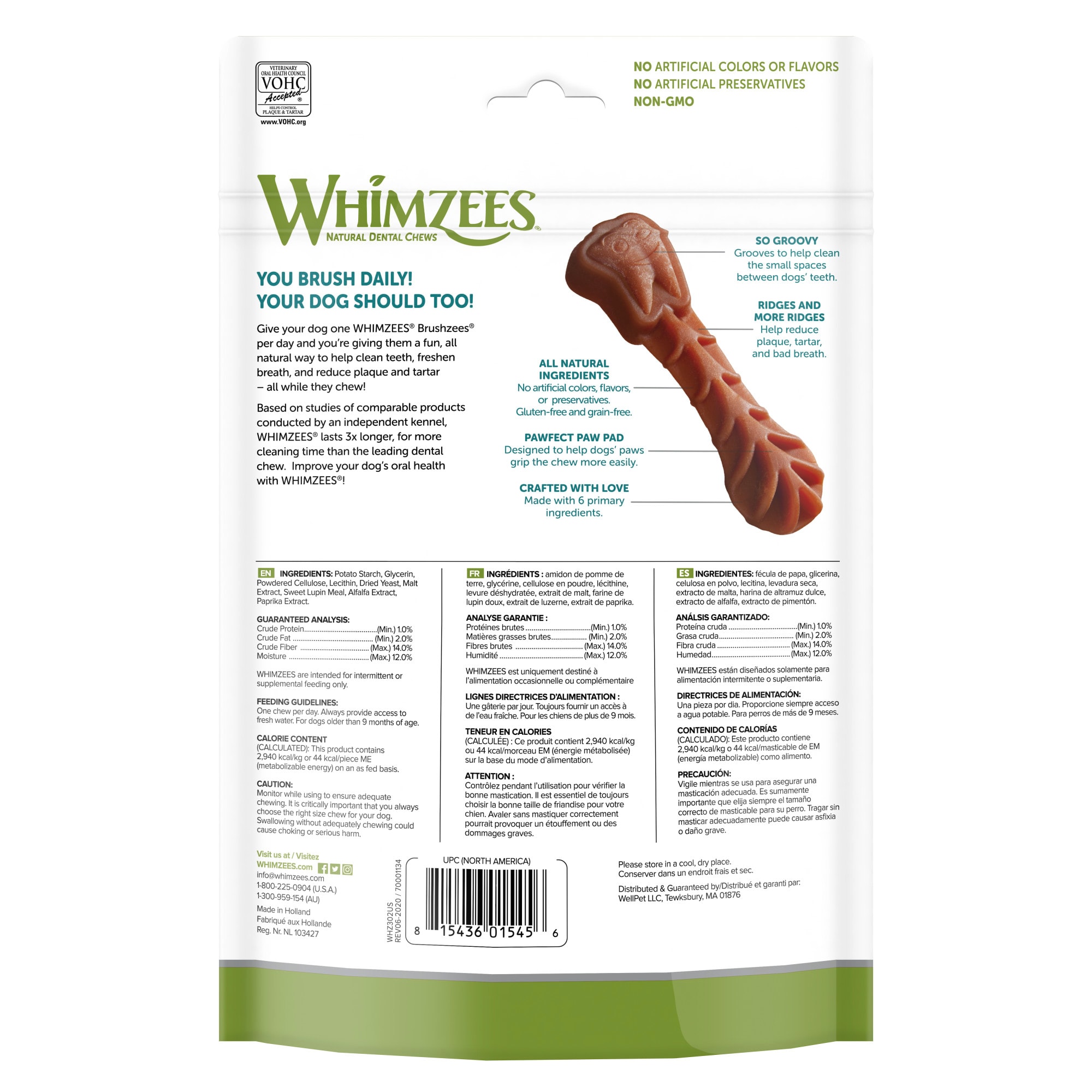 Whimzees Natural Grain Free Daily Dental Long Lasting Brushzees Small Dog Treats， 12.7 oz.， Pack of 24