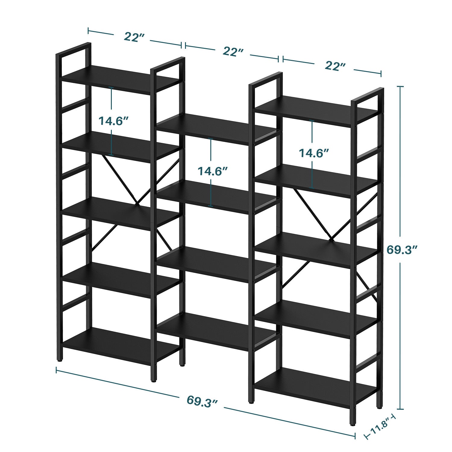 Large Etagere Bookcases Bookshelves 3 Wide 5 Tiers Industrial Bookshelf Open Display Shelves