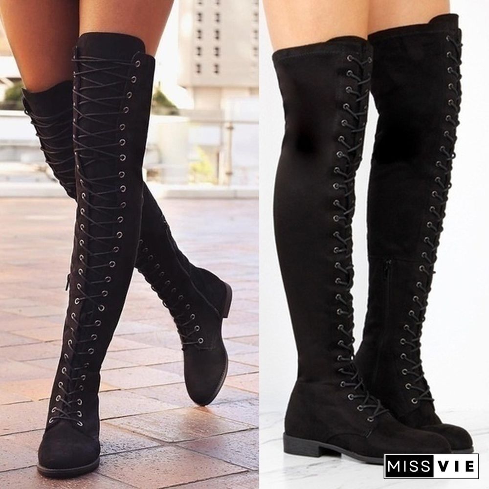 Fashion Women's Round Head Crossed Knee Length Belt Side Zipper Boots Size 35-43