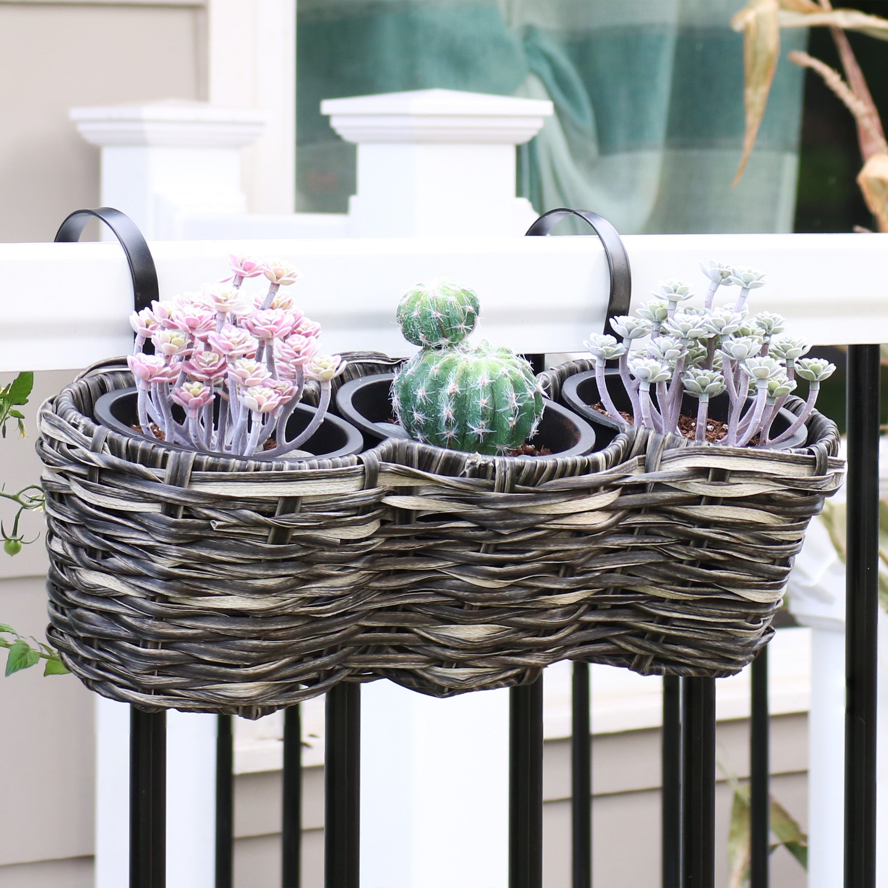 Sunnydaze Indoor/Outdoor Polyrattan Over-the-Rail Tri-Planter with 3 Round Black Plastic Liners - Charcoal