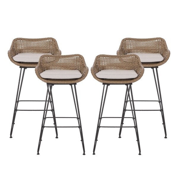 Verano Wicker and Metal Outdoor Barstools with Cushion， Set of 4， Mixed Brown and Beige