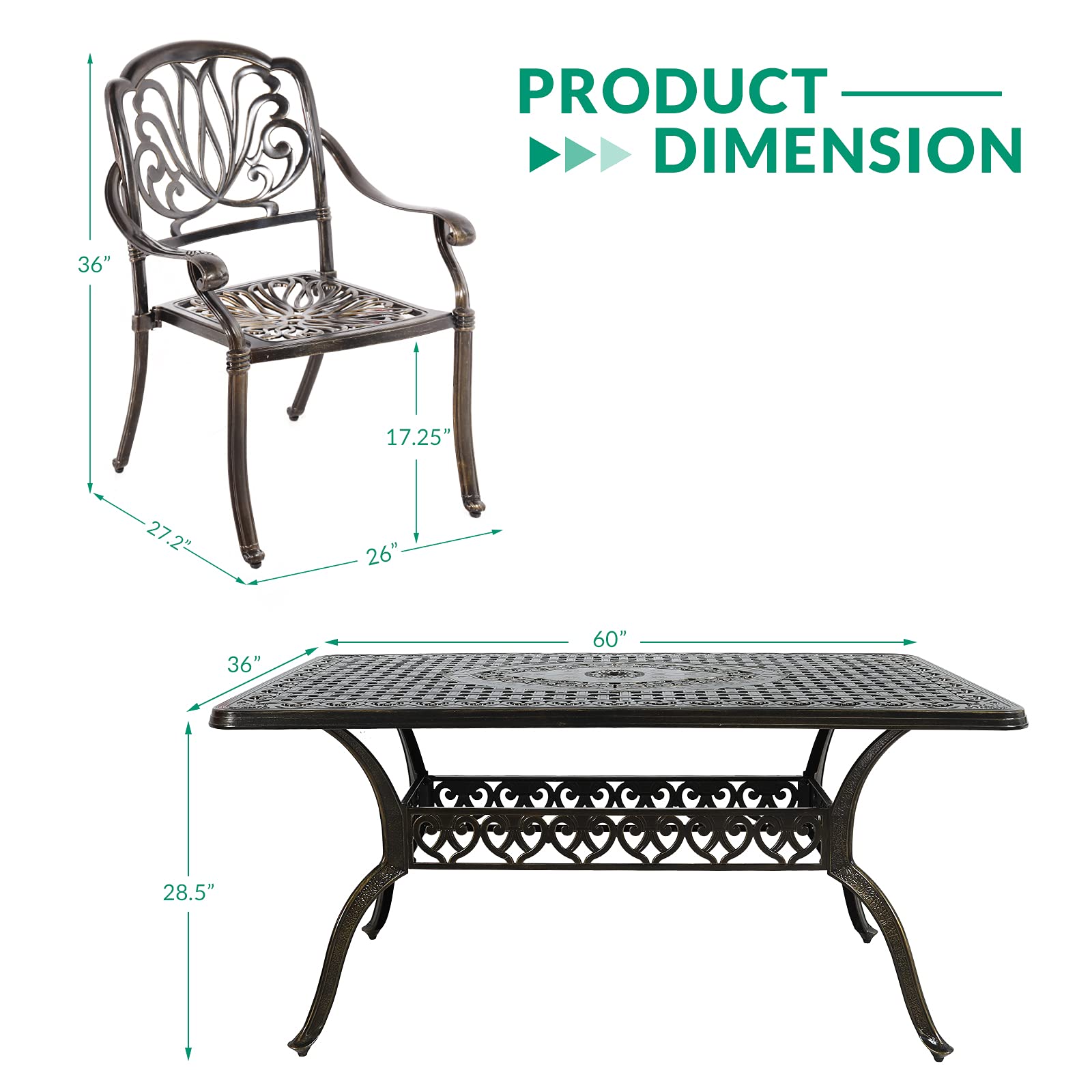 VIVIJASON 7-Piece Patio Furniture Dining Set, All-Weather Cast Aluminum Outdoor Conversation Set, Include 6 Chairs and a Rectangle Table with Umbrella Hole for Balcony Lawn Garden Backyard