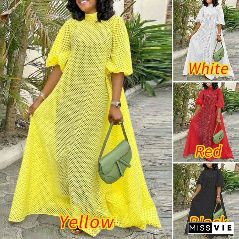 Summer Baggy Dress Women Casual O Neck Half Sleeve See Through Long Maxi Dresses Femme Pleated Puff Sleeve Beach Sundress