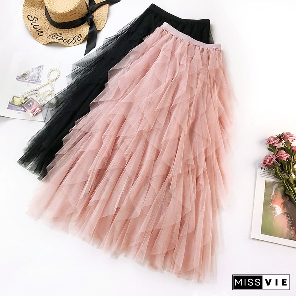 Fashion Tutu Tulle Skirt Women Long Maxi Skirt Spring Summer Korean Black Pink High Waist Pleated Skirt Female